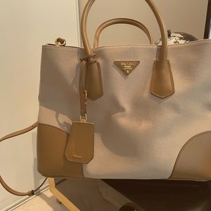 Tan Canapa canvas Prada Satchel with gold-tone hardware